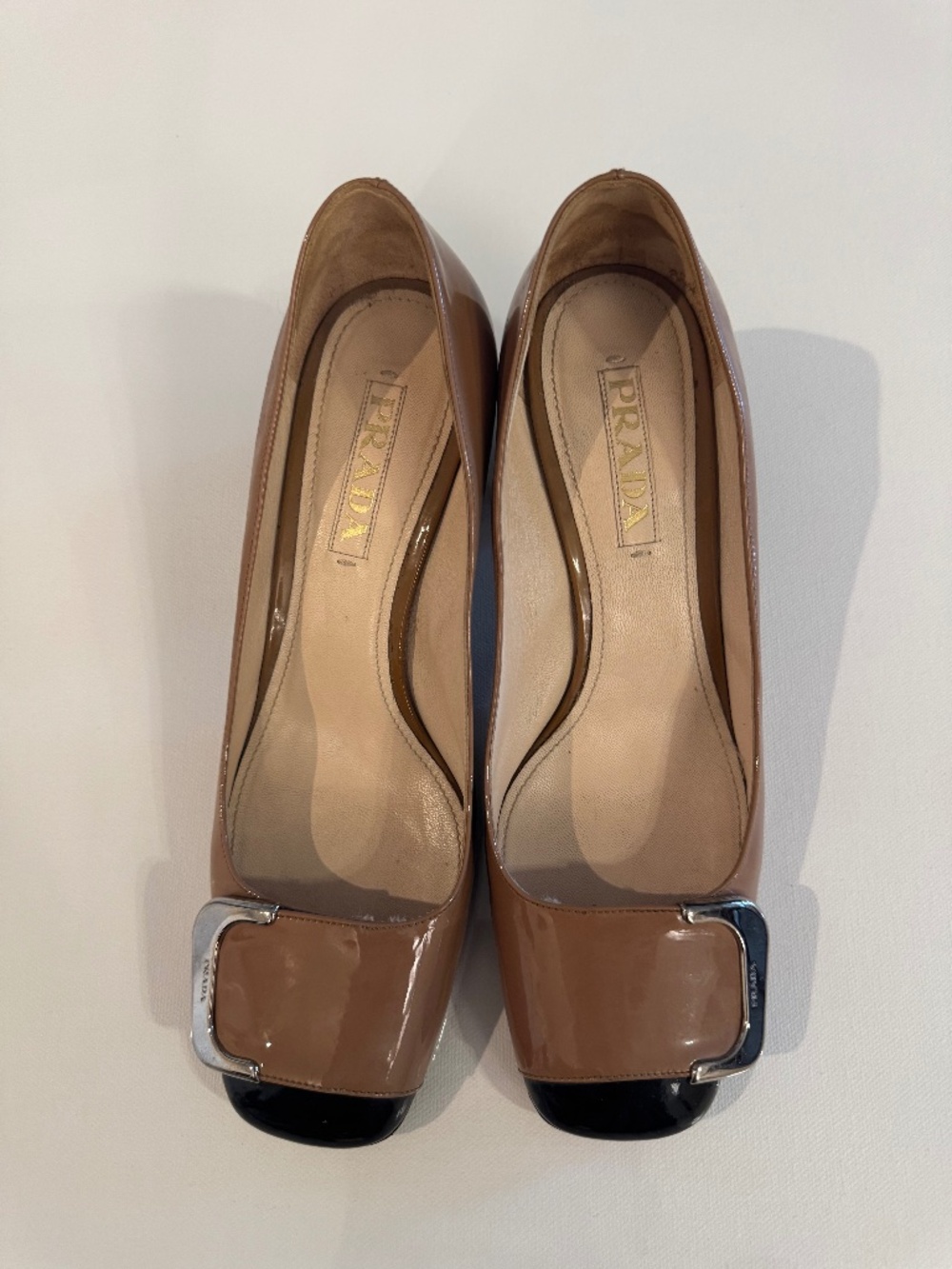 Prada Brown Patent Leather Buckle Pumps